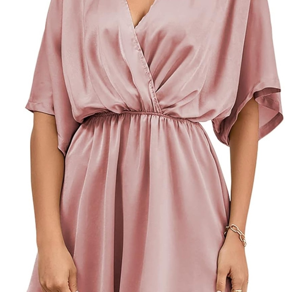Elegant Pink Satin Wrap Dress - Picture 2 of 3